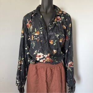 64. VTG 100% Silk Floral Blouse Black Oversized Button Up Shirt Size L